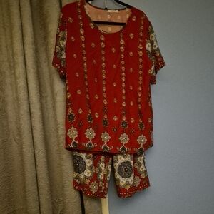 Red Floral Patterned Pajama Set